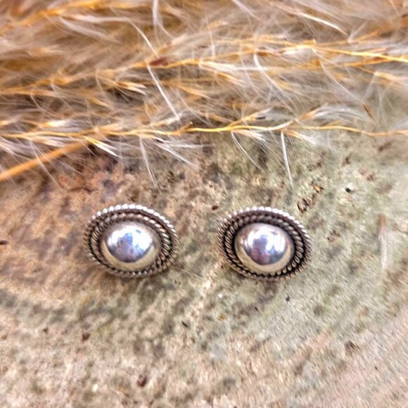 Vintage Mexico Double Rope Dome Button Sterling Silver Ear Stud - Picture 7 of 9